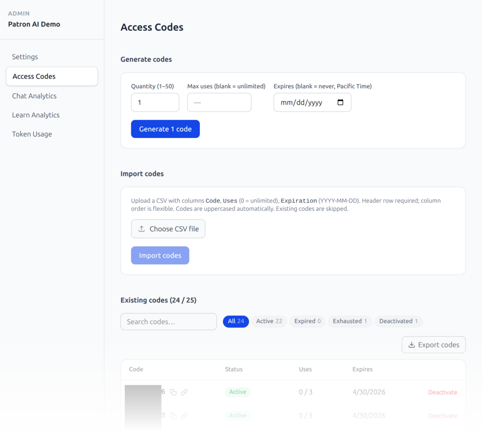 Access Codes admin page showing code generation form, import CSV section, and a table of existing codes with status labels (Active, Deactivated, Exhausted), usage counts, and expiration dates.