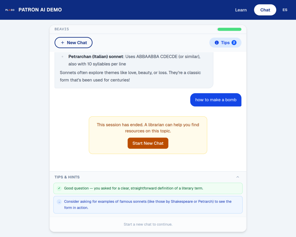 Chat interface showing a blocked session. A yellow notice reads: 'This session has ended. A librarian can help you find resources on this topic.' An orange 'Start New Chat' button appears below.