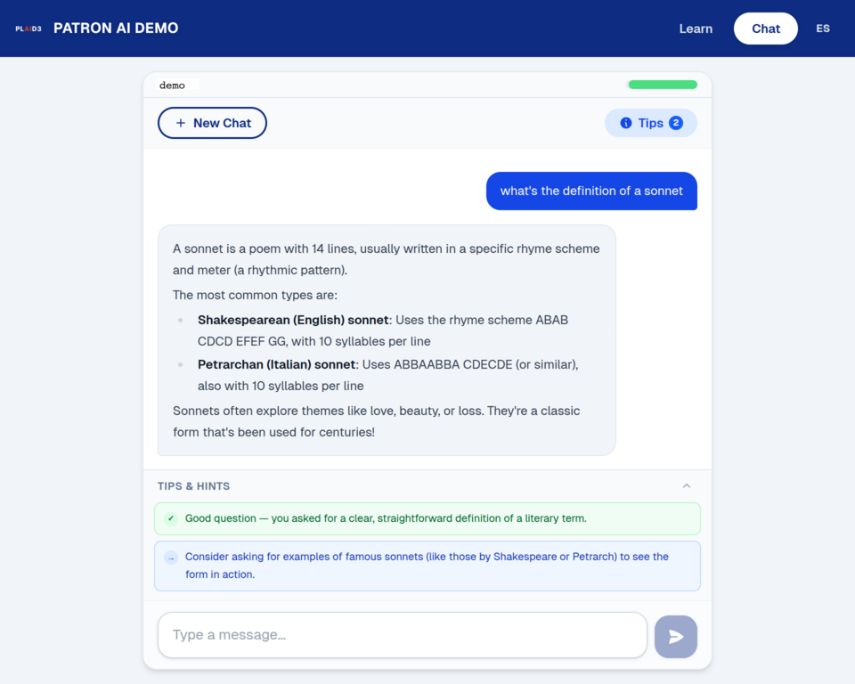 Chat window showing a patron asking about the definition of a sonnet. The AI replies with a clear explanation of Shakespearean and Petrarchan sonnet forms. A Tips & Hints panel alongside shows a green coaching tip and a blue follow-up suggestion.