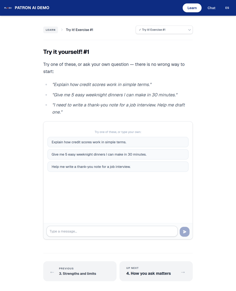 Interactive exercise page titled 'Try it yourself! #1' with suggested prompts and a live chat input area embedded directly in the lesson.