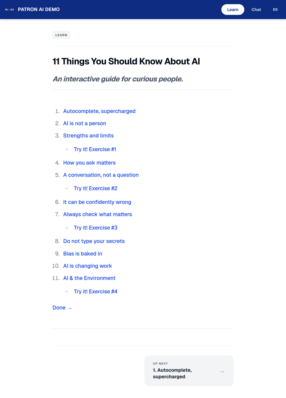 Lesson menu titled '11 Things You Should Know About AI — An interactive guide for curious people.' Lists all 11 lessons including topics like Autocomplete supercharged, AI is not a person, Strengths and limits, and four interactive exercises.